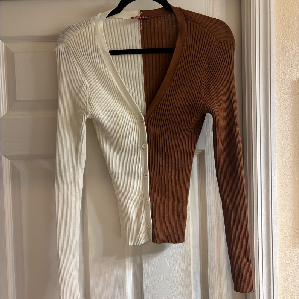 STAUD Two-Tone Ribbed Button-Up Cardigan in Cream & Brown